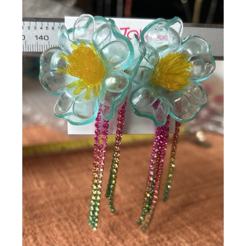 NWT Betsey Johnson Crystal Jelly Flower Fringe Chandelier Statement Earrings